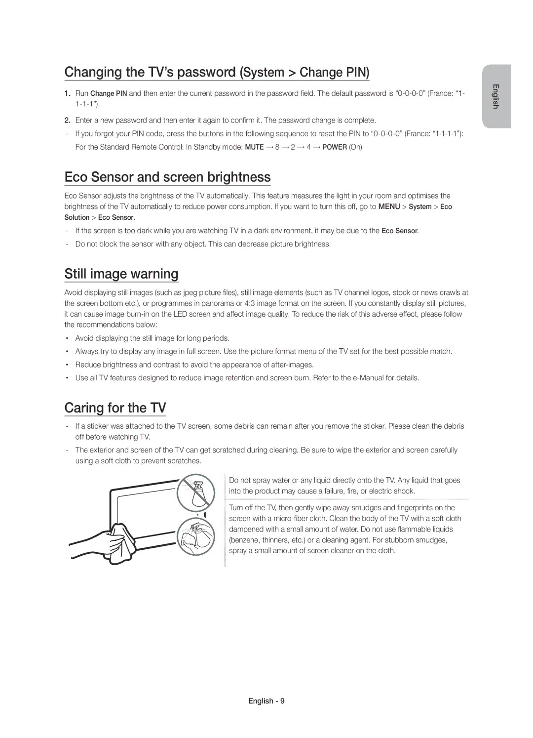 Samsung UE48J6200AWXZF Changing the TV’s password System Change PIN, Eco Sensor and screen brightness, Still image warning 