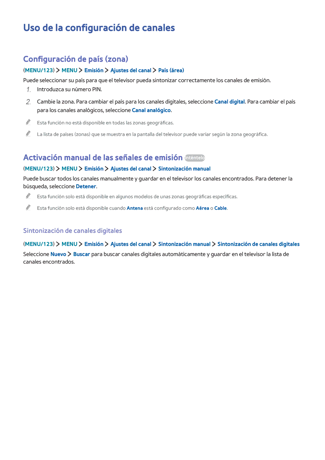 Samsung UE55J5570SUXZG Uso de la configuración de canales, Configuración de país zona, Sintonización de canales digitales 