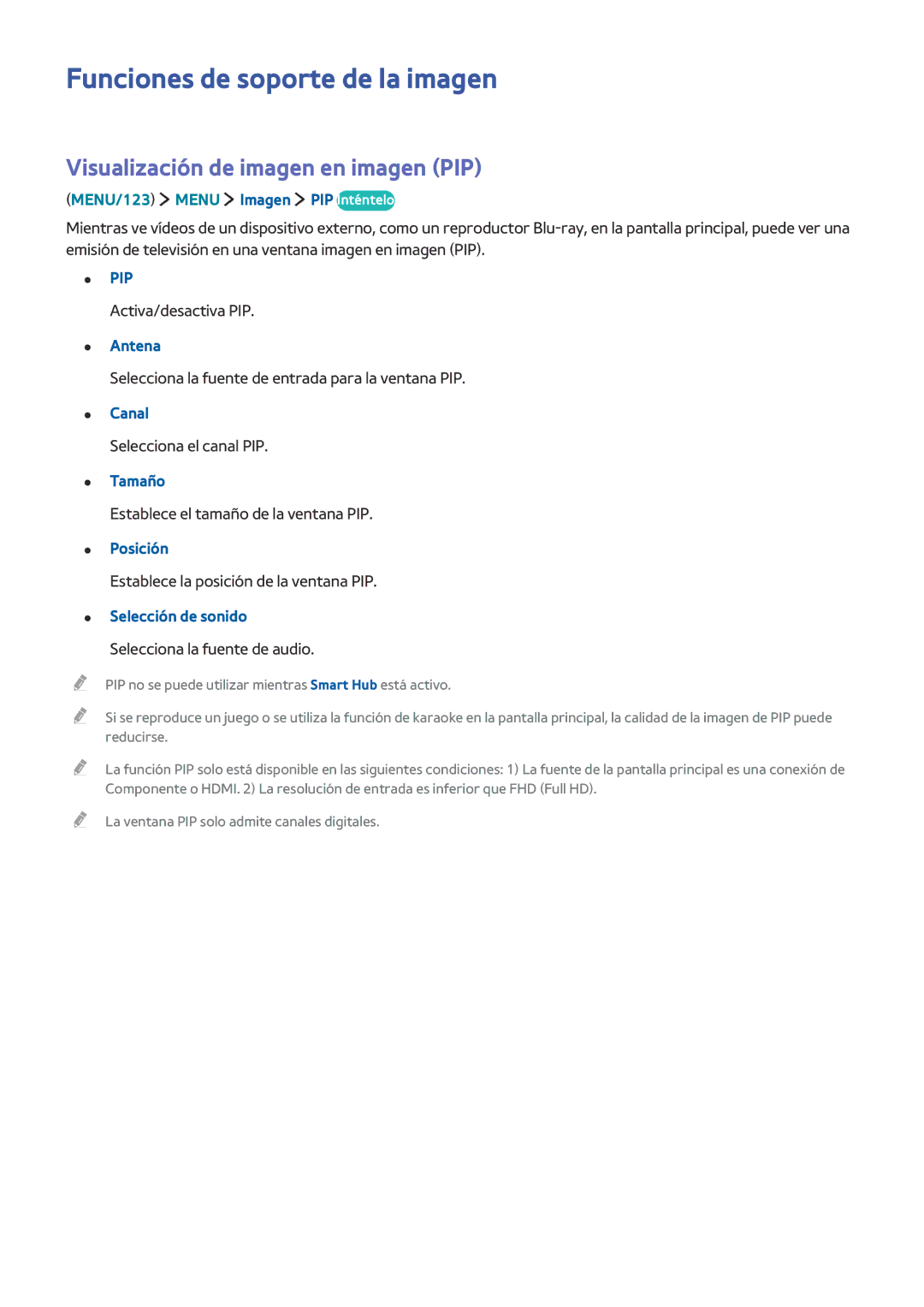 Samsung UE60J6270SUXZG, UE48J6200AWXXH manual Funciones de soporte de la imagen, Visualización de imagen en imagen PIP 