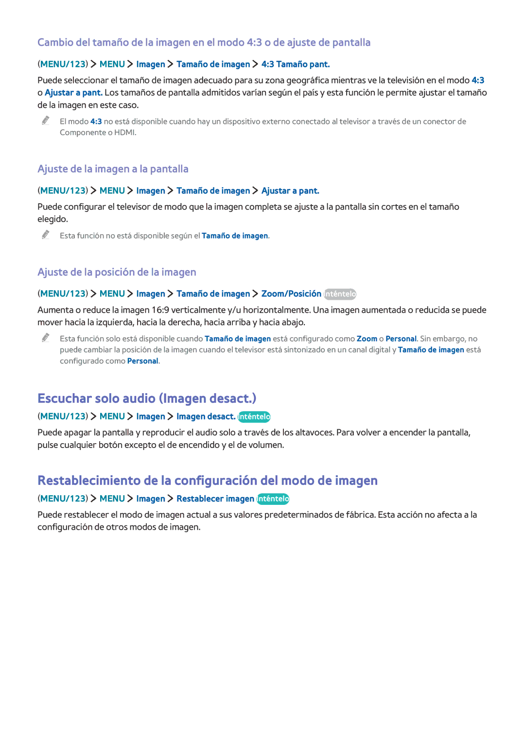 Samsung UE55J6270SUXZG manual Escuchar solo audio Imagen desact, Restablecimiento de la configuración del modo de imagen 