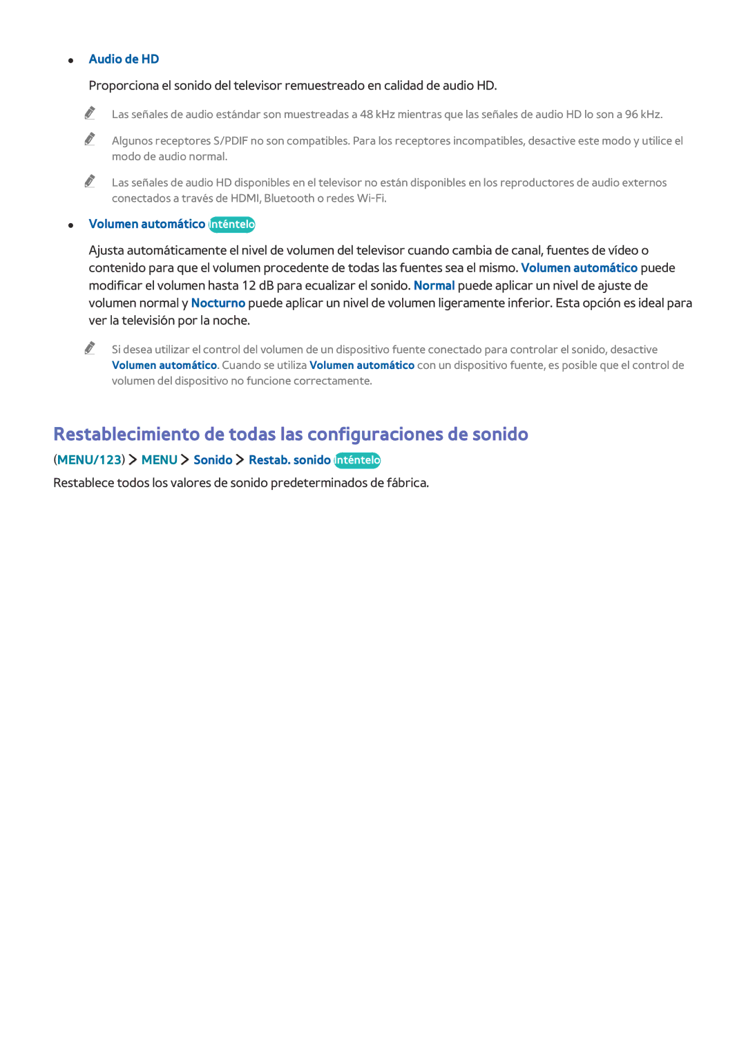 Samsung UE55J6370SUXXC Restablecimiento de todas las configuraciones de sonido, Audio de HD, Volumen automático Inténtelo 