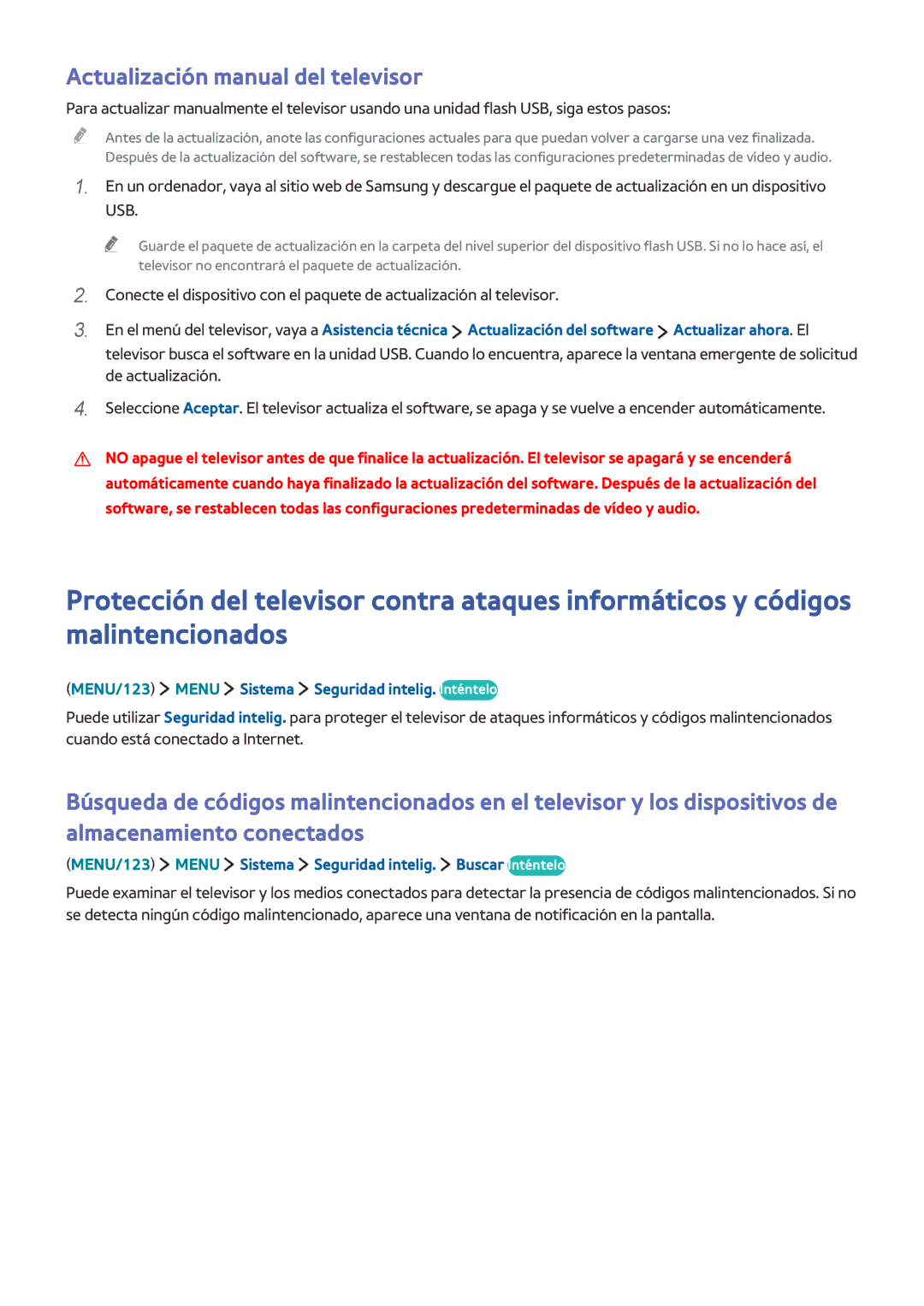 Samsung UE60J6240AKXXC, UE32S9AUXXC Actualización manual del televisor, MENU/123 Menu Sistema Seguridad intelig. Inténtelo 