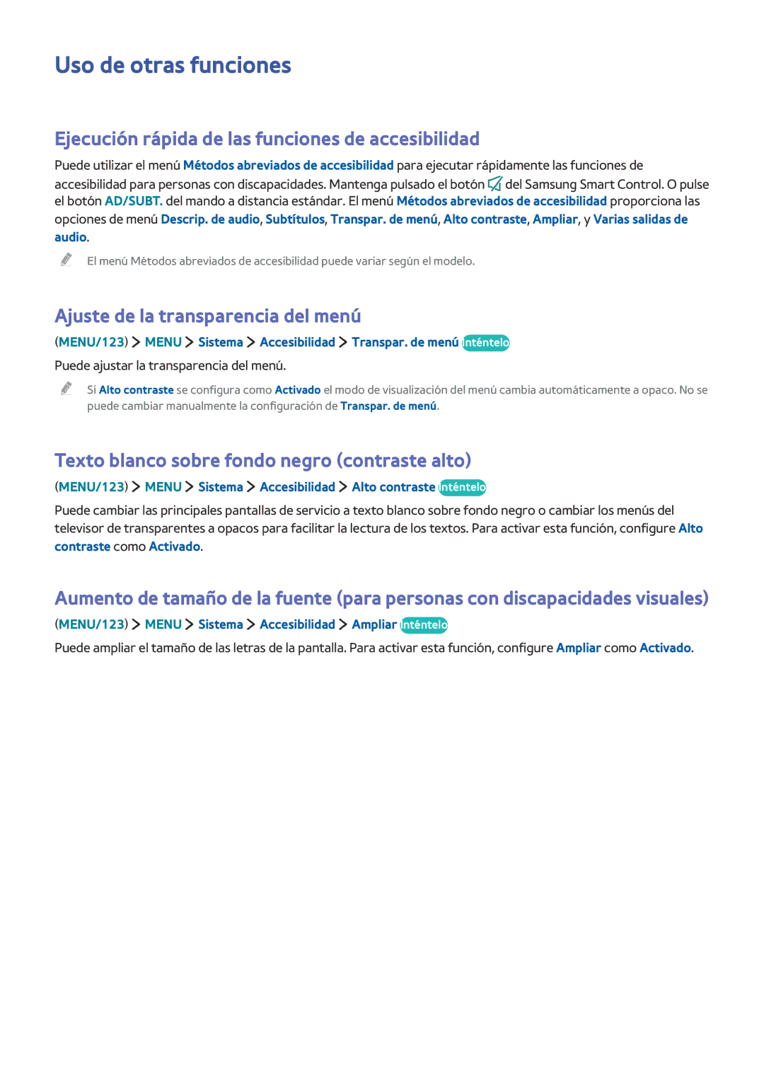 Samsung UE50J6200AKXXC, UE48J6200AWXXH manual Uso de otras funciones, Ejecución rápida de las funciones de accesibilidad 
