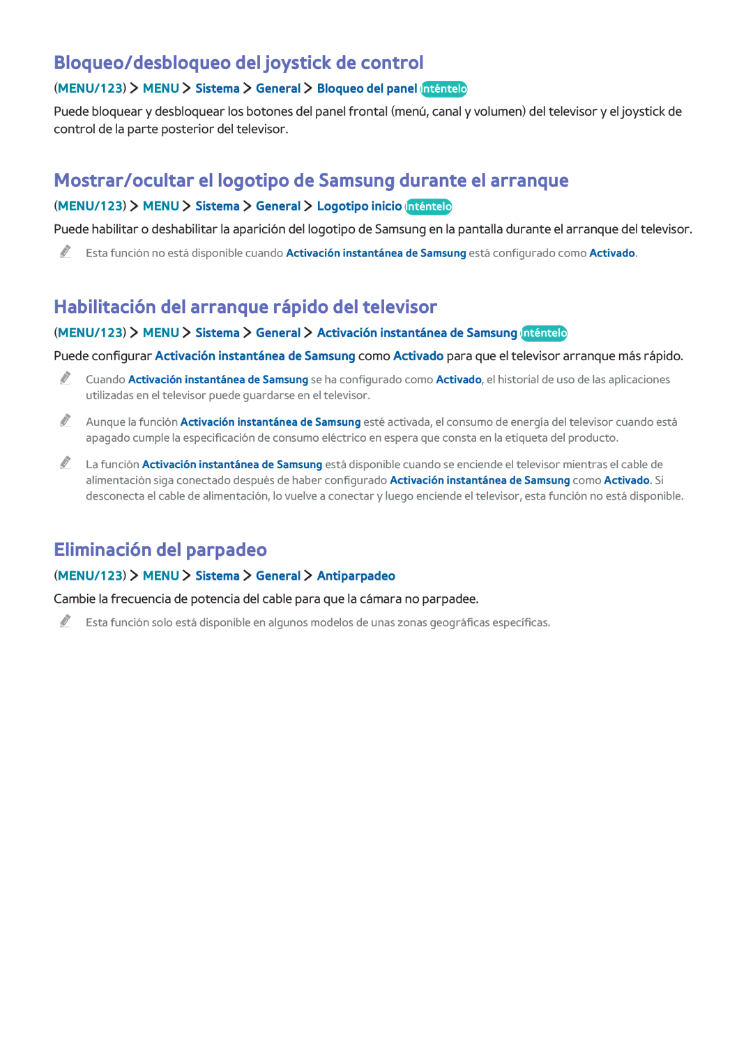 Samsung UE50J6240AKXXC manual Bloqueo/desbloqueo del joystick de control, Habilitación del arranque rápido del televisor 