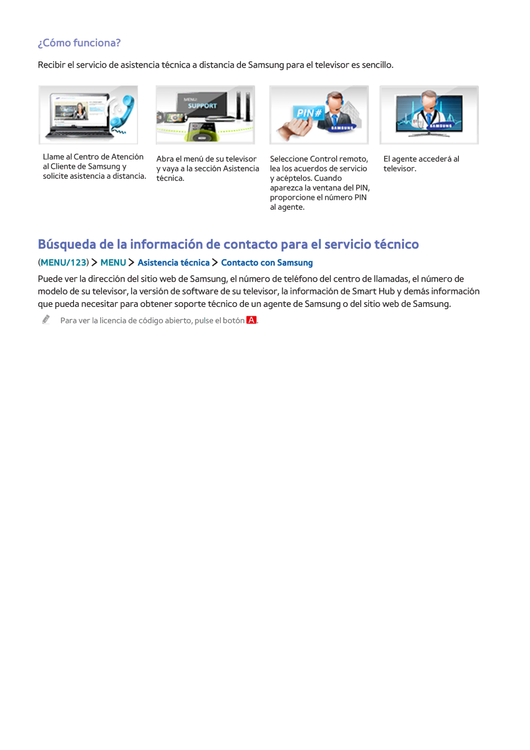 Samsung UE48J5500AKXXC, UE48J6200AWXXH, UE32S9AUXXC ¿Cómo funciona?, MENU/123 Menu Asistencia técnica Contacto con Samsung 