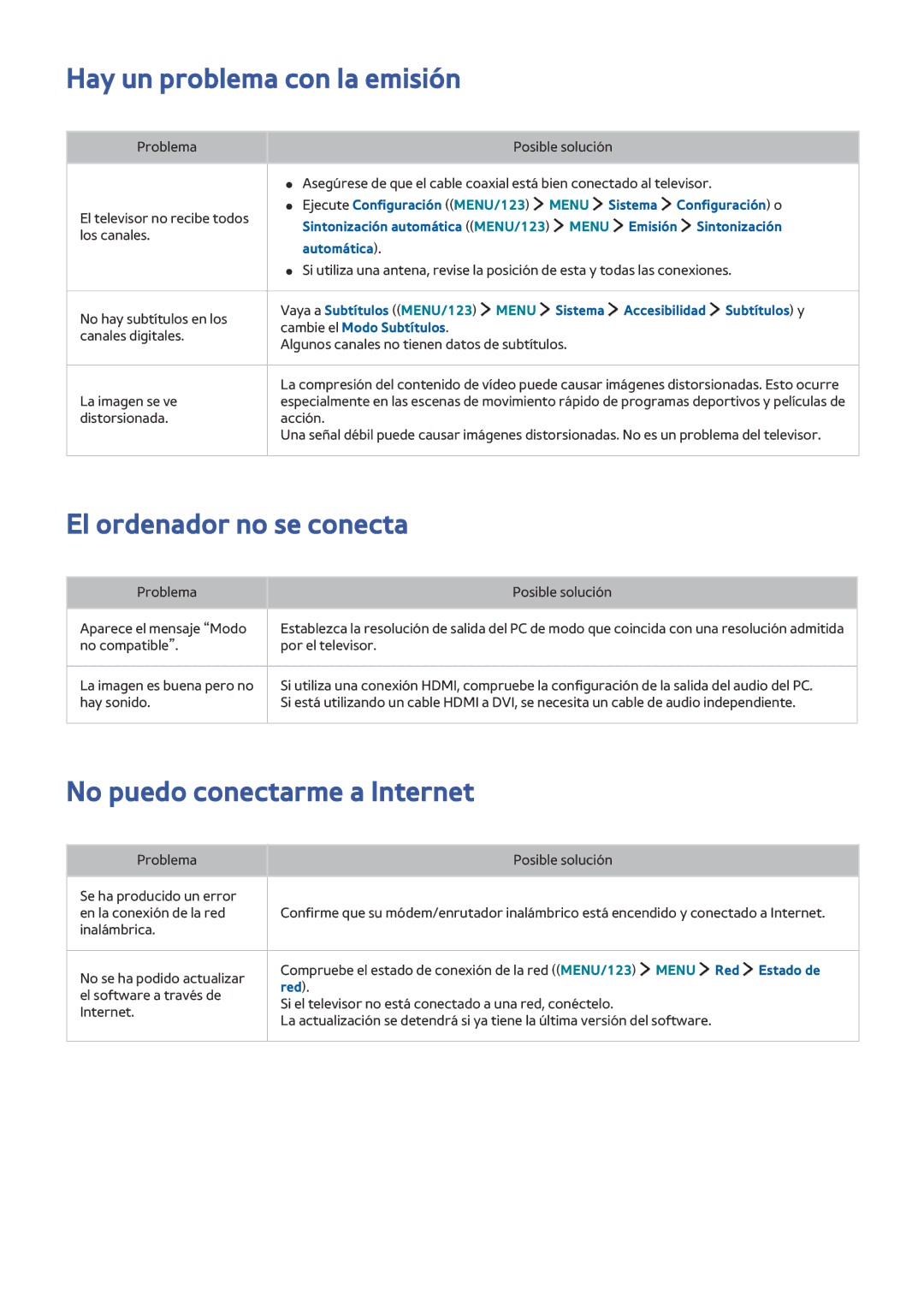 Samsung UE40J6270SUXZG manual Hay un problema con la emisión, El ordenador no se conecta, No puedo conectarme a Internet 