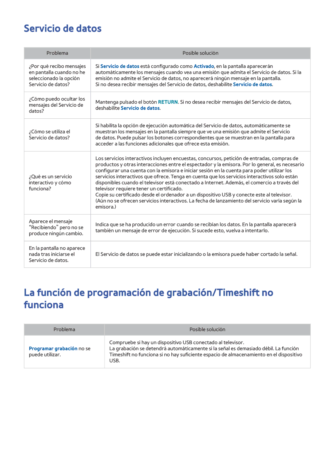 Samsung UE55J5570SUXZG, UE48J6200AWXXH manual Deshabilite Servicio de datos, Programar grabación no se puede utilizar 