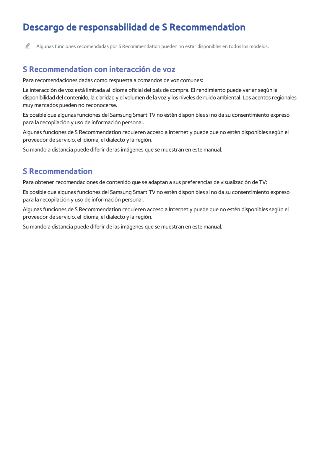 Samsung UE40J5500AKXXC, UE32S9AUXXC Descargo de responsabilidad de S Recommendation, Recommendation con interacción de voz 