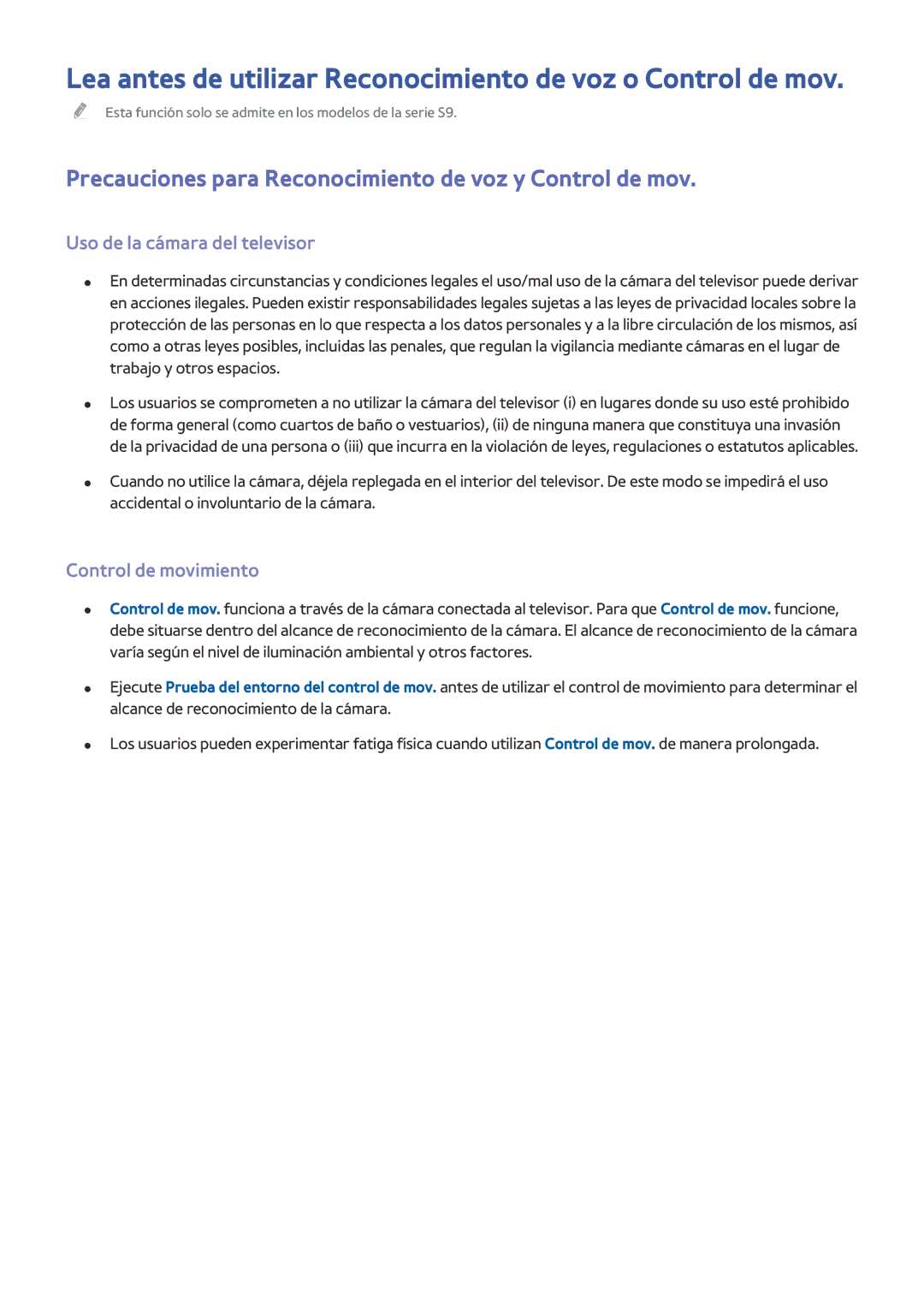 Samsung UE60J6270SUXZG manual Precauciones para Reconocimiento de voz y Control de mov, Uso de la cámara del televisor 