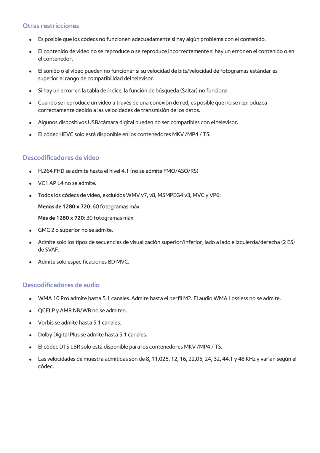 Samsung UE43J5600AKXXC, UE48J6200AWXXH manual Otras restricciones, Descodificadores de vídeo, Descodificadores de audio 