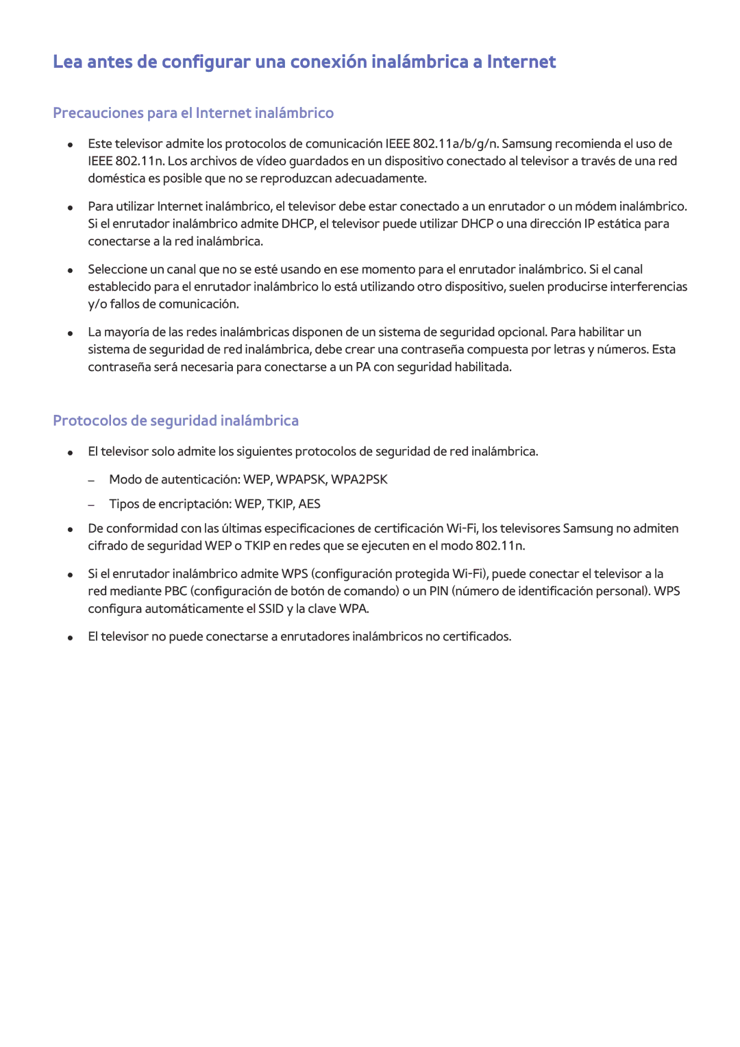 Samsung UE40J6300AKXXC Lea antes de configurar una conexión inalámbrica a Internet, Protocolos de seguridad inalámbrica 