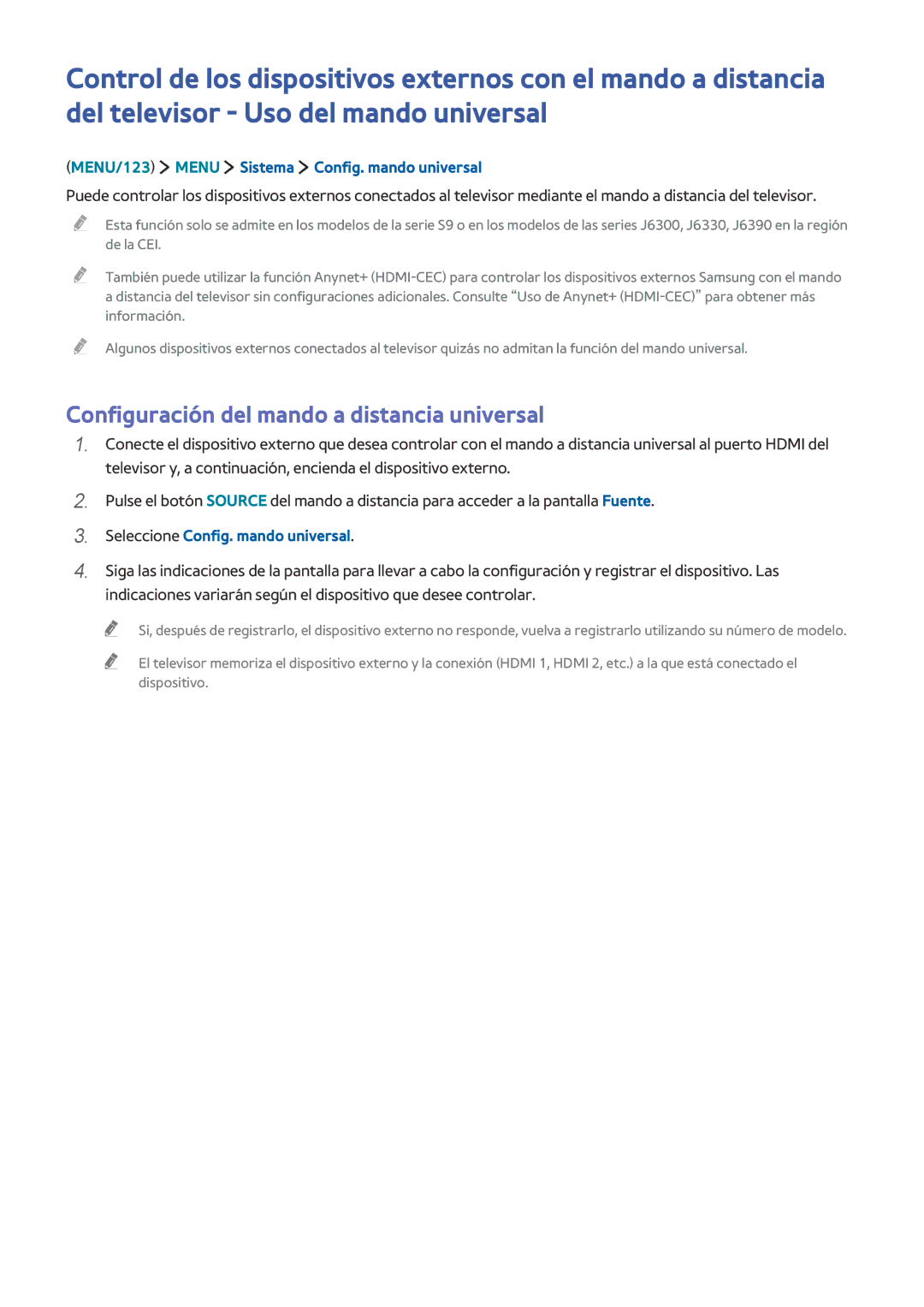 Samsung UE32J6200AKXXC manual Configuración del mando a distancia universal, MENU/123 Menu Sistema Config. mando universal 