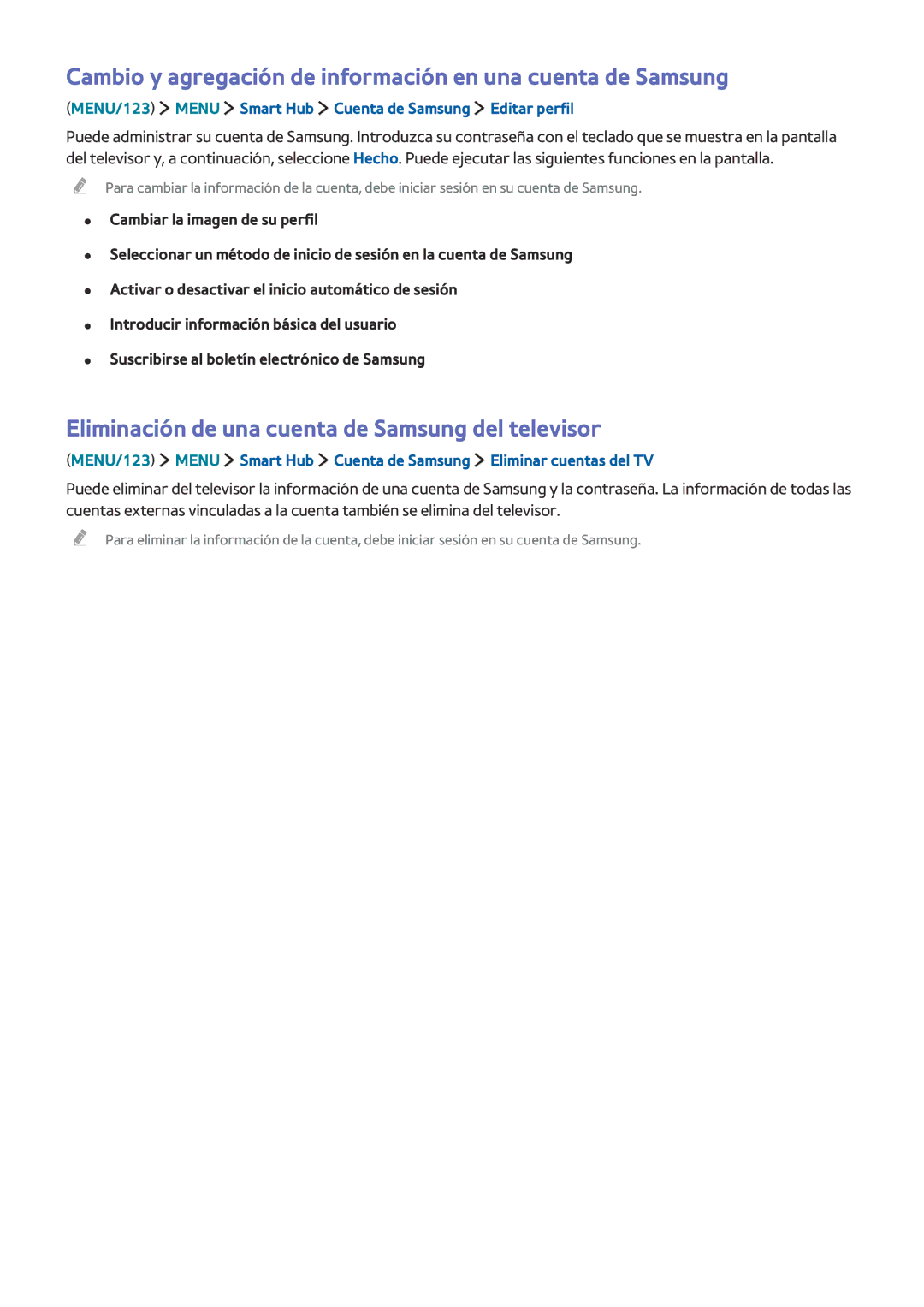 Samsung UE55J5570SUXXC, UE48J6200AWXXH, UE55J6300AKXXC manual Cambio y agregación de información en una cuenta de Samsung 