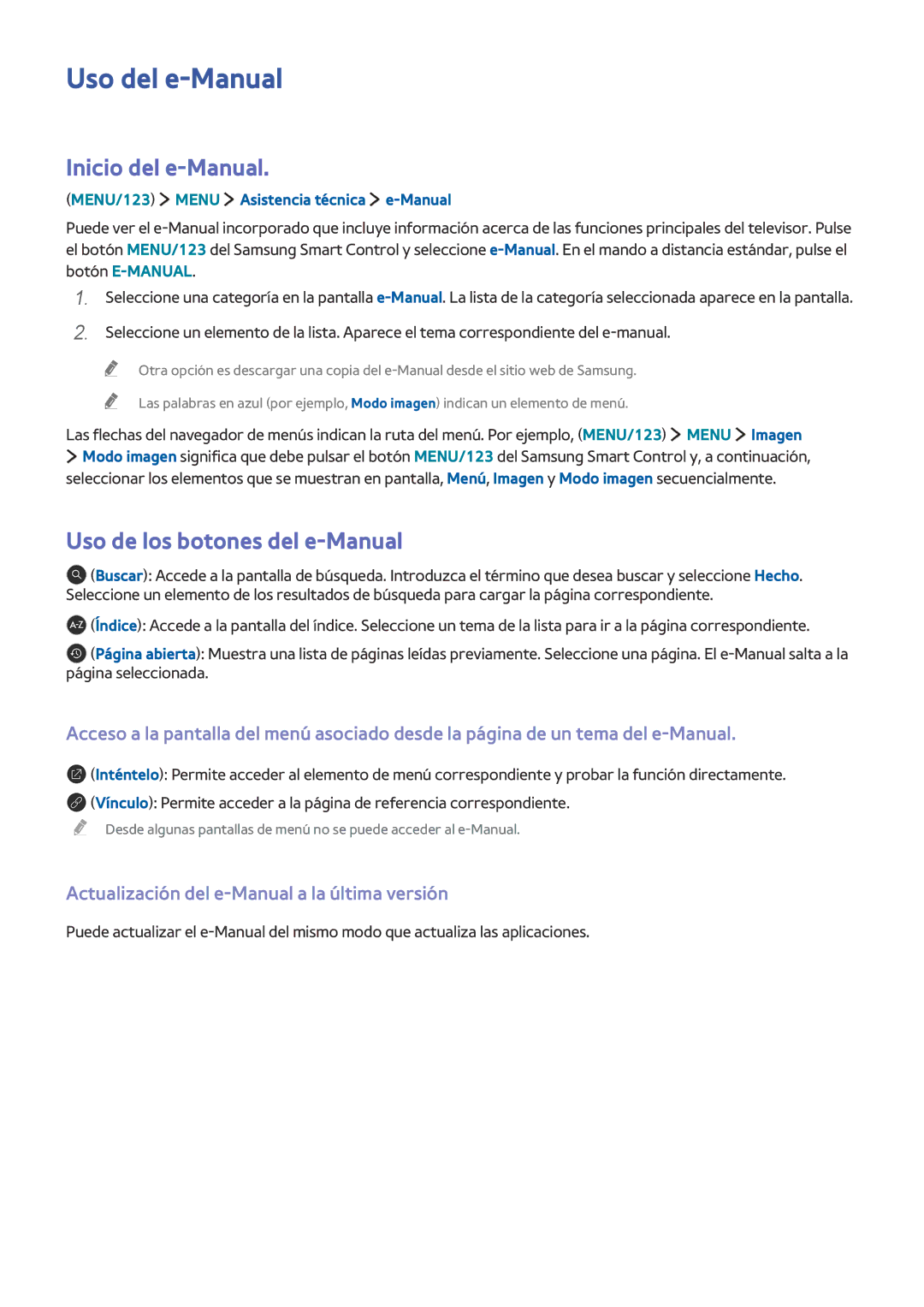 Samsung UE48J5600AKXXC, UE48J6200AWXXH, UE32S9AUXXC Uso del e-Manual, Inicio del e-Manual, Uso de los botones del e-Manual 