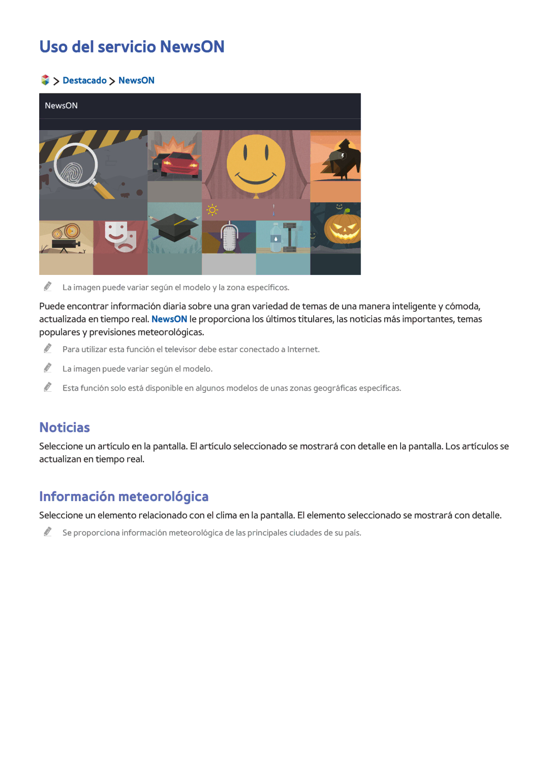 Samsung UE32S9AUXXC, UE48J6200AWXXH manual Uso del servicio NewsON, Noticias, Información meteorológica, Destacado NewsON 