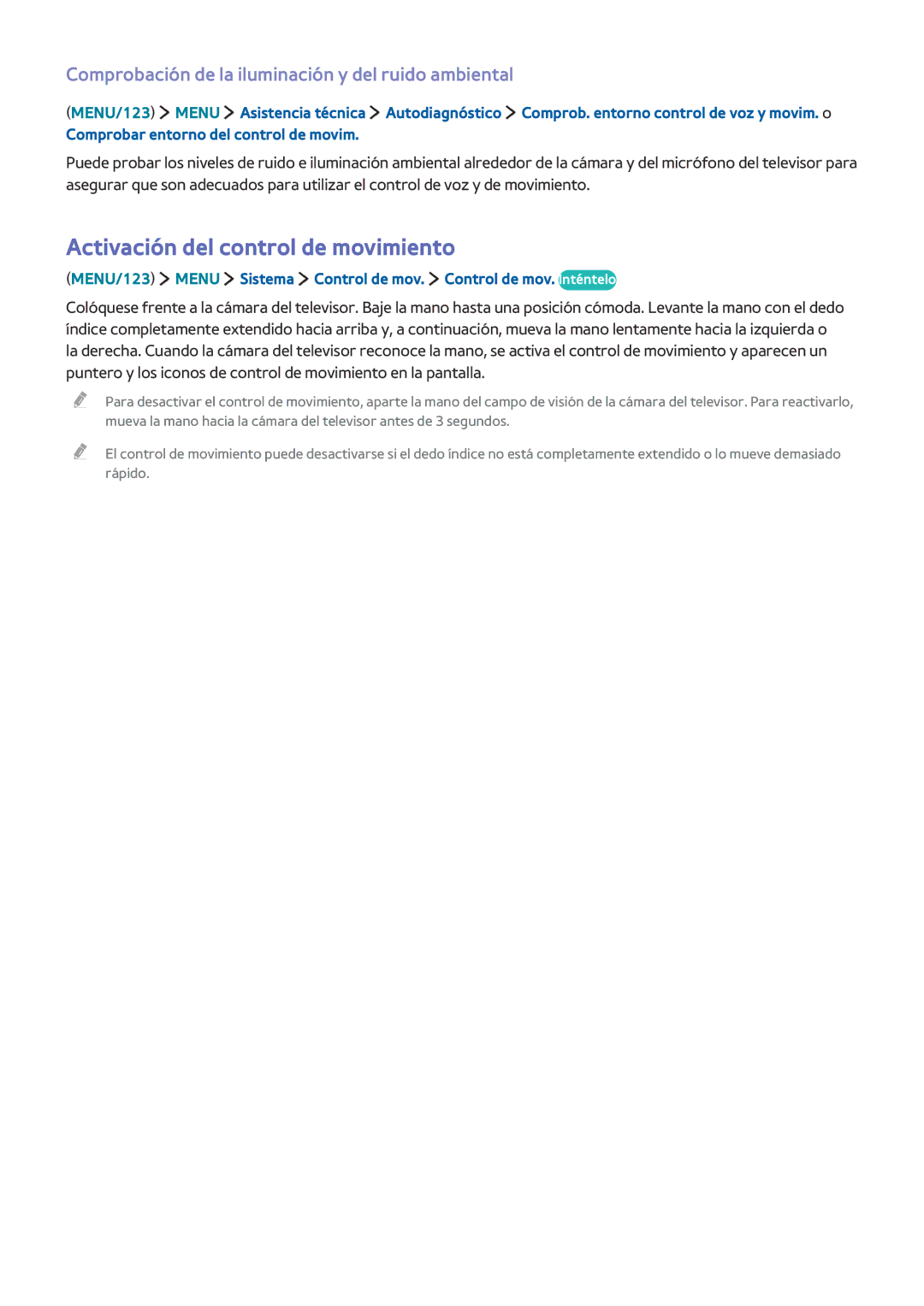 Samsung UE55J6370SUXXC manual Activación del control de movimiento, Comprobación de la iluminación y del ruido ambiental 