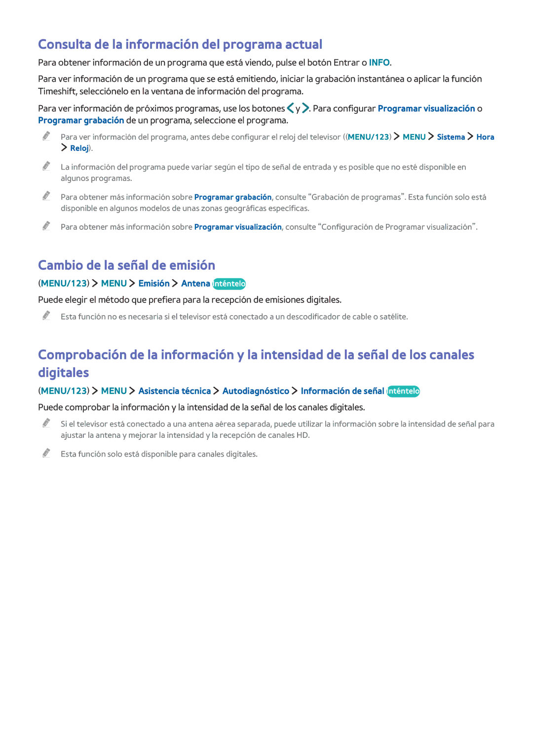 Samsung UE55J6200AKXXC, UE32S9AUXXC Consulta de la información del programa actual, Cambio de la señal de emisión, Reloj 