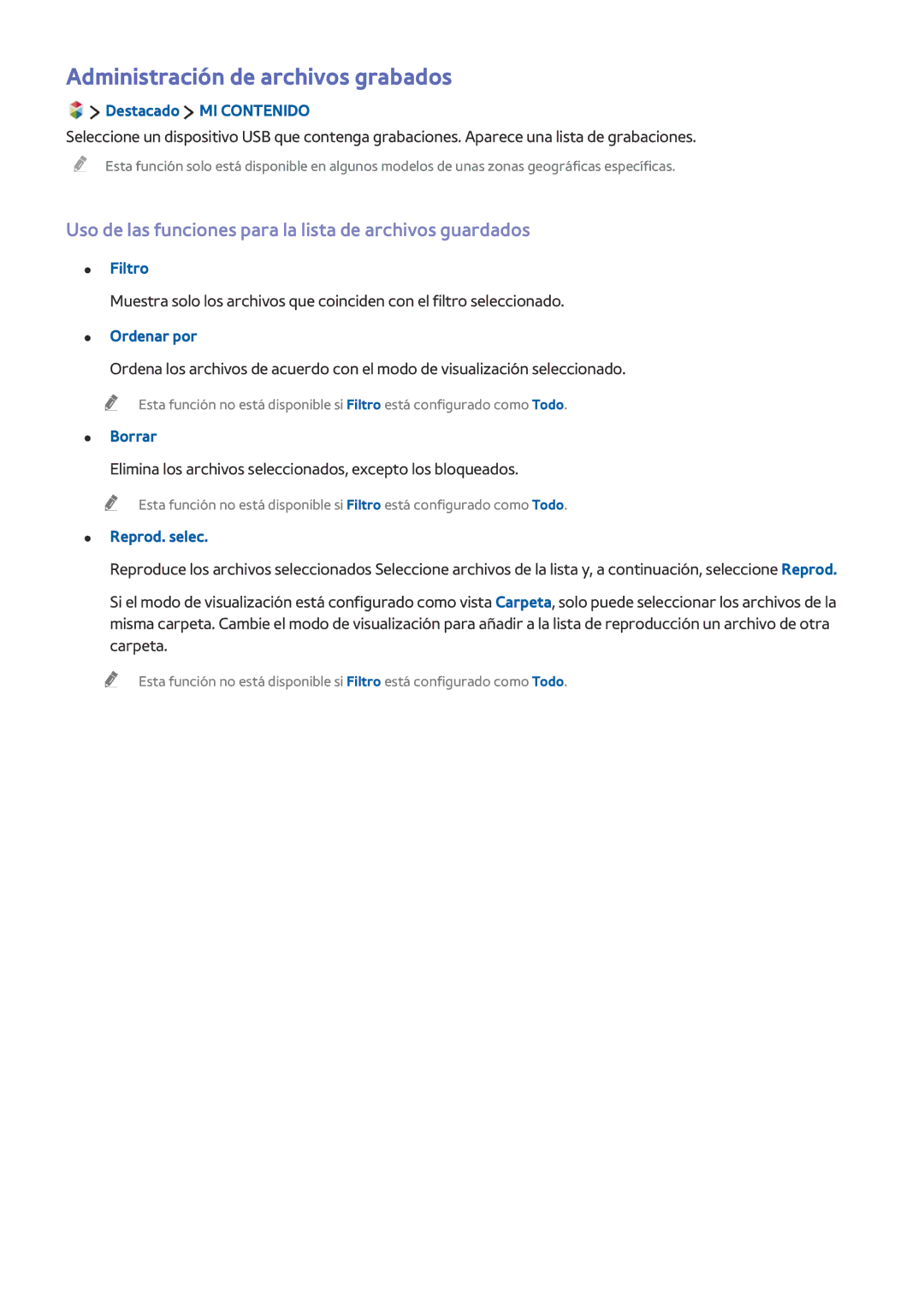 Samsung UE50J6200AKXXC manual Administración de archivos grabados, Uso de las funciones para la lista de archivos guardados 