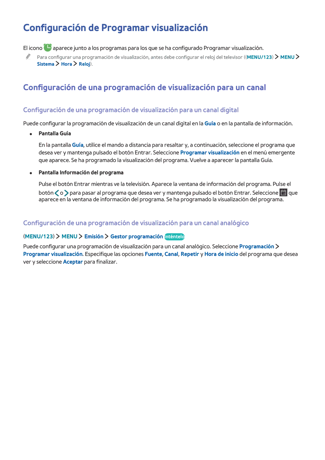 Samsung UE32J6300AKXXC manual Configuración de Programar visualización, MENU/123 Menu Emisión Gestor programación Inténtelo 