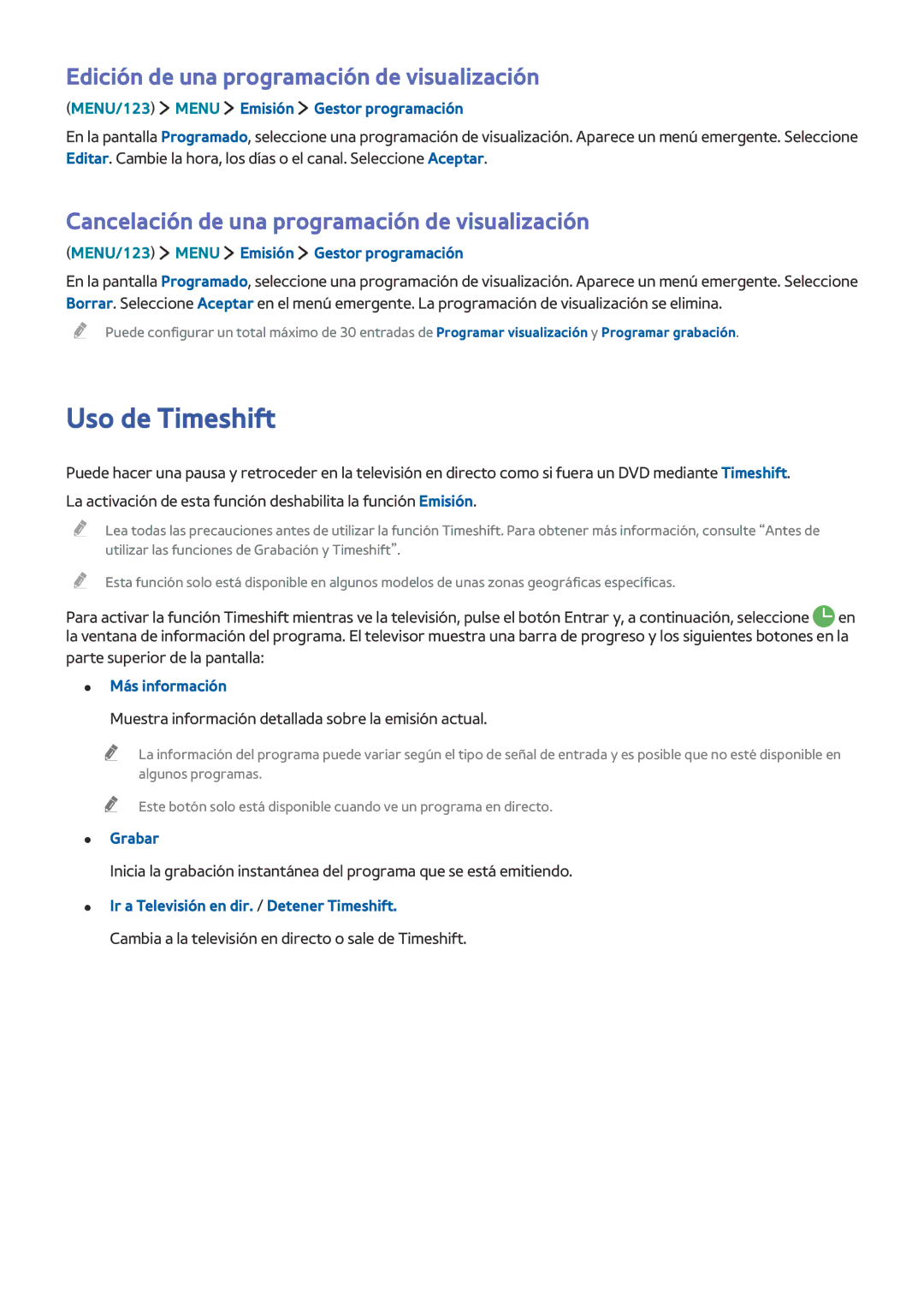 Samsung UE32J6200AKXXC, UE48J6200AWXXH, UE32S9AUXXC Uso de Timeshift, Edición de una programación de visualización, Grabar 