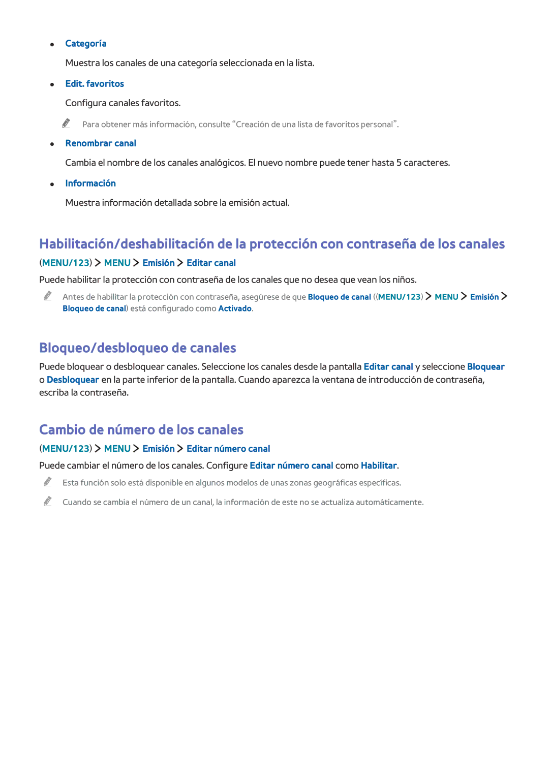 Samsung UE55J6300AKXXC, UE48J6200AWXXH, UE48J6370SUXXH manual Bloqueo/desbloqueo de canales, Cambio de número de los canales 