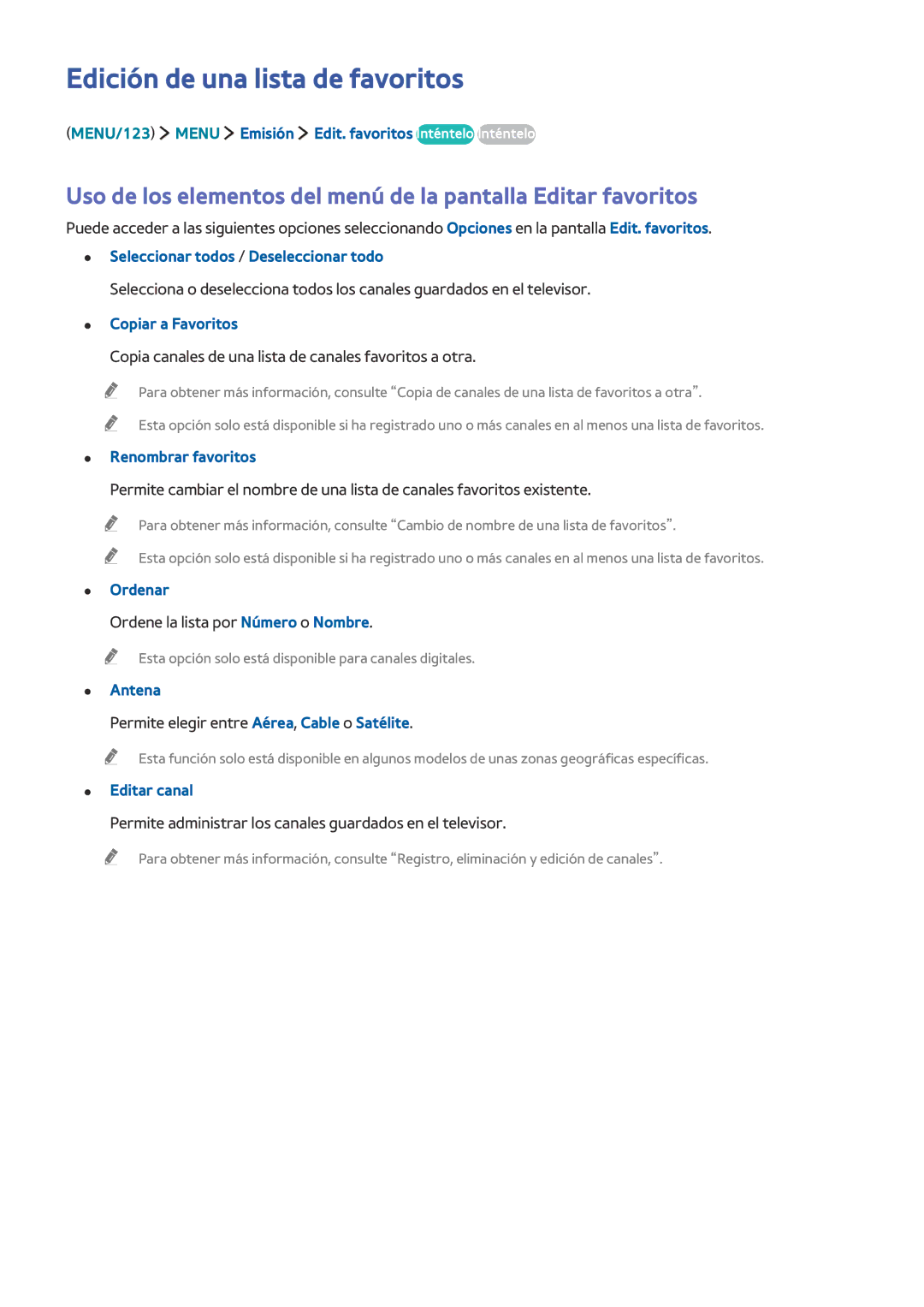Samsung UE40J6370SUXZG manual Edición de una lista de favoritos, MENU/123 Menu Emisión Edit. favoritos Inténtelo Inténtelo 