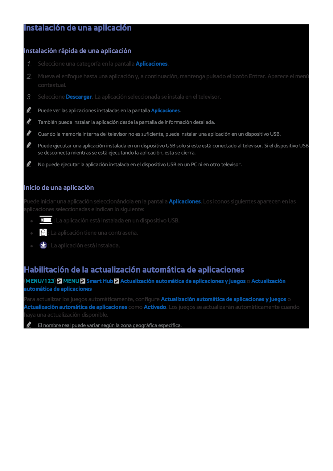 Samsung UE32J5600AWXXC manual Instalación de una aplicación, Habilitación de la actualización automática de aplicaciones 