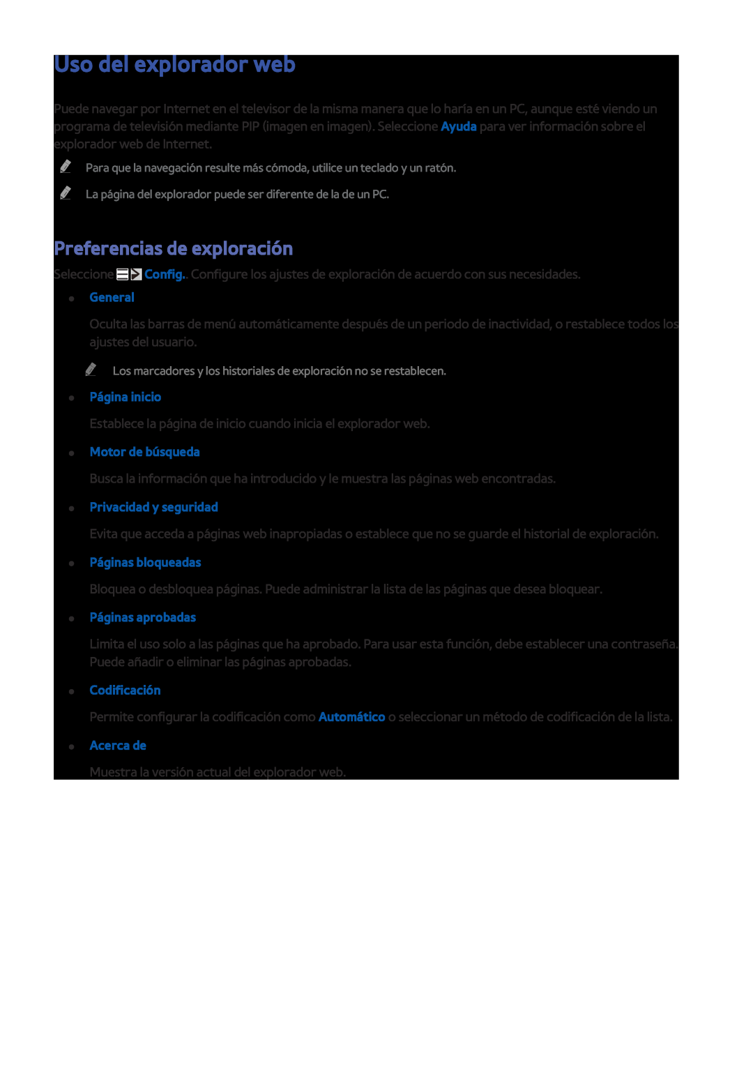 Samsung UE48J5270SSXZG Uso del explorador web, Preferencias de exploración, General, Página inicio, Motor de búsqueda 