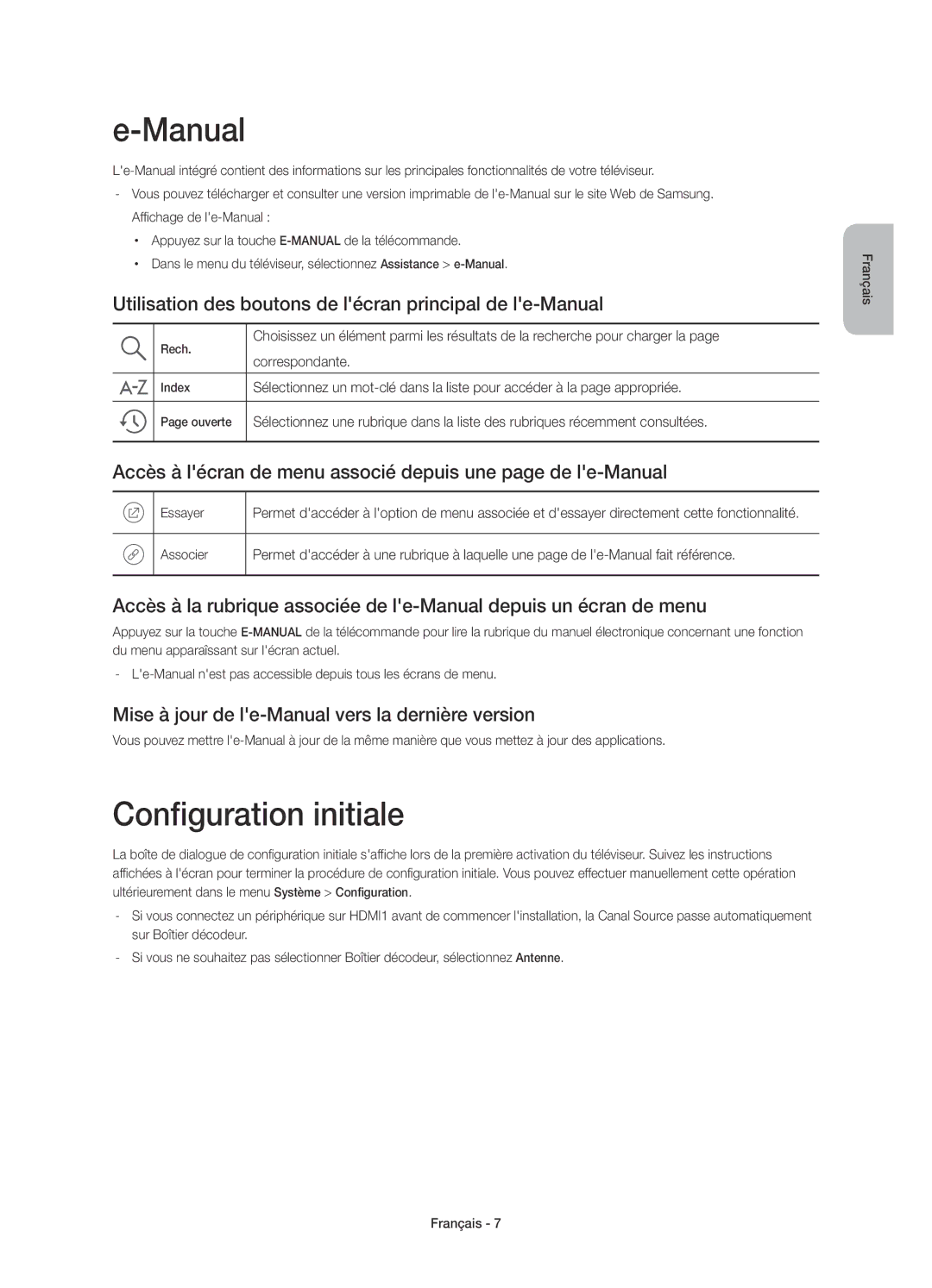 Samsung UE48J6370SUXXN manual Configuration initiale, Utilisation des boutons de lécran principal de le-Manual 