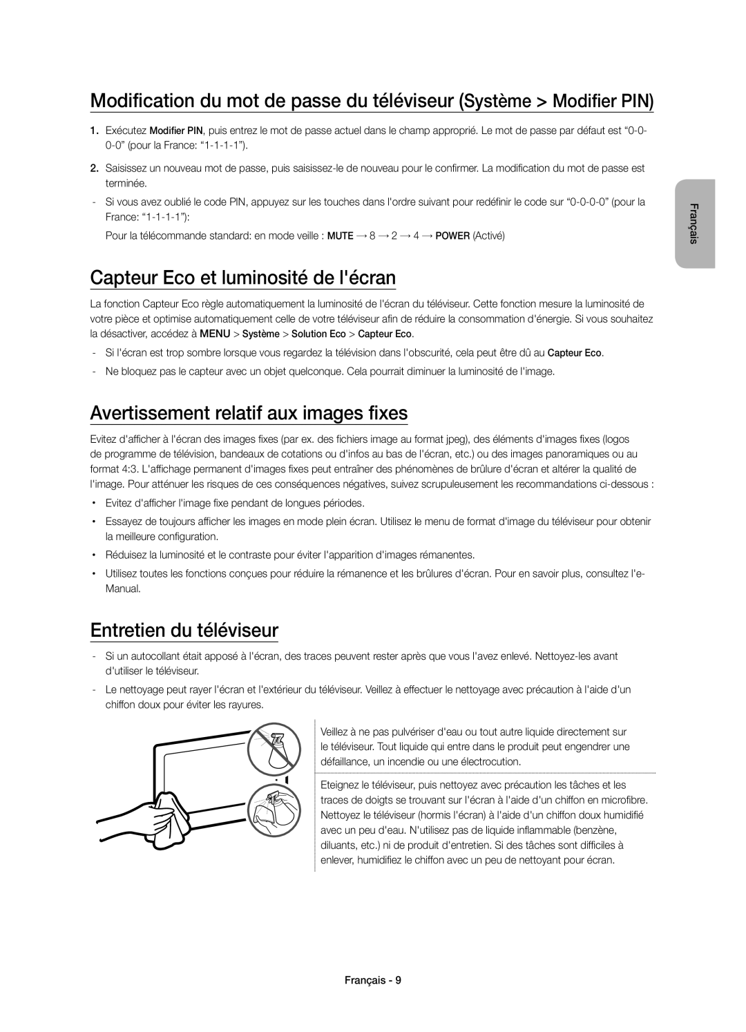 Samsung UE55J6370SUXXH, UE48J6300AWXXH manual Capteur Eco et luminosité de lécran, Avertissement relatif aux images fixes 