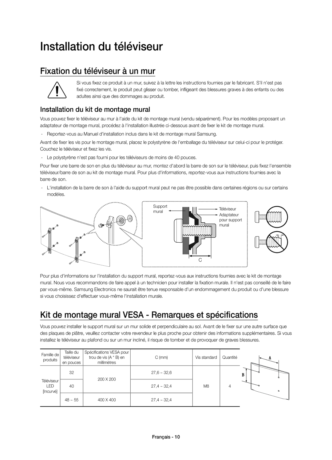 Samsung UE55J6300AWXXN Installation du téléviseur, Fixation du téléviseur à un mur, Installation du kit de montage mural 