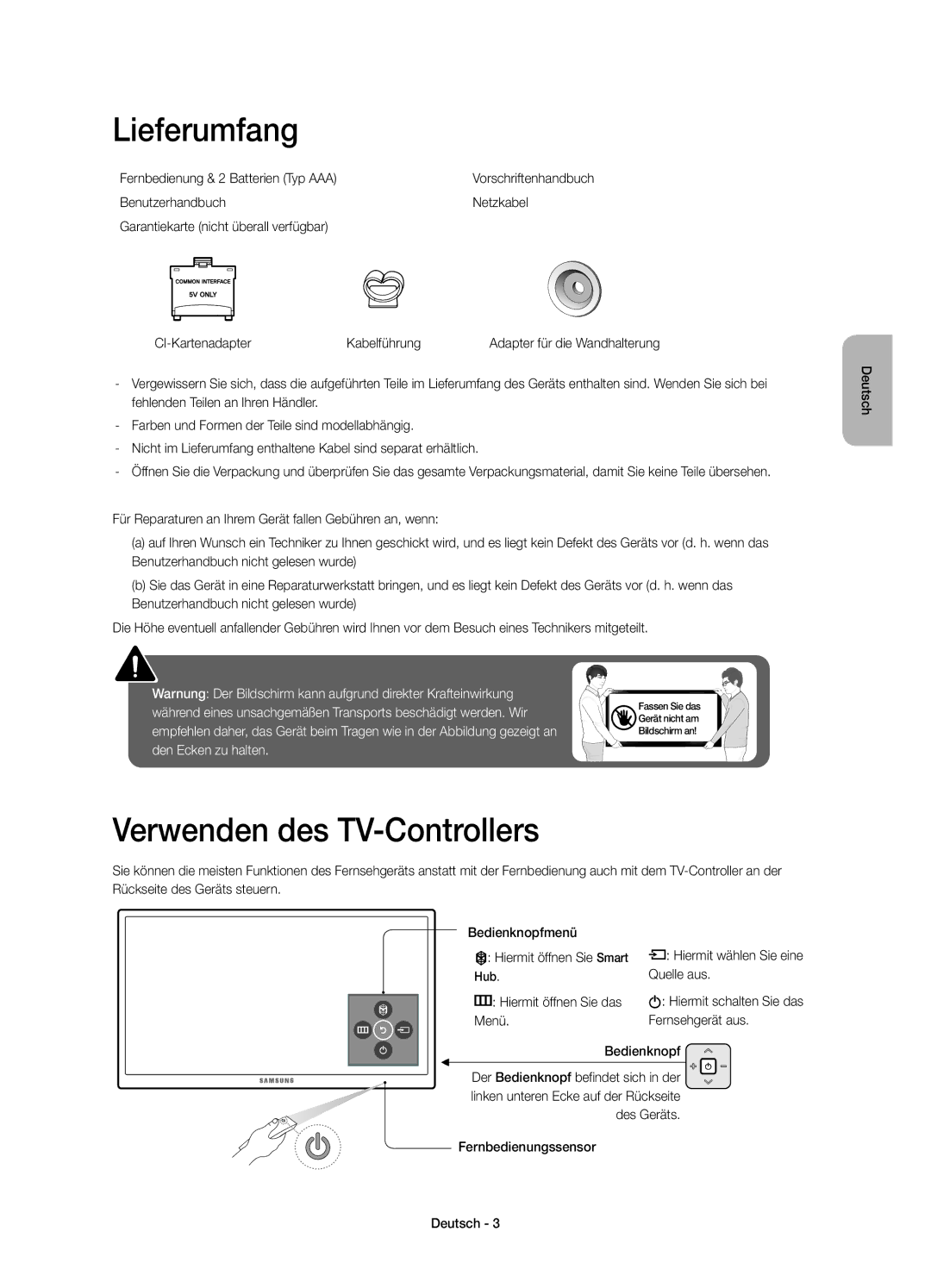 Samsung UE32J6370SUXTK manual Lieferumfang, Verwenden des TV-Controllers, Fernbedienung & 2 Batterien Typ AAA, Quelle aus 