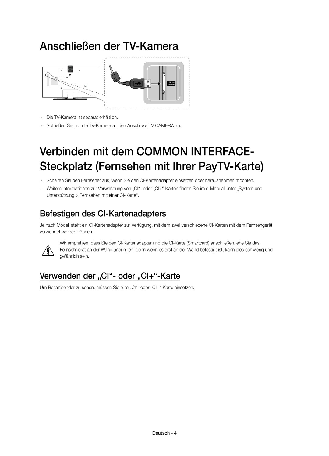 Samsung UE48J6370SUXXH Anschließen der TV-Kamera, Befestigen des CI-Kartenadapters, Verwenden der „CI- oder „CI+-Karte 