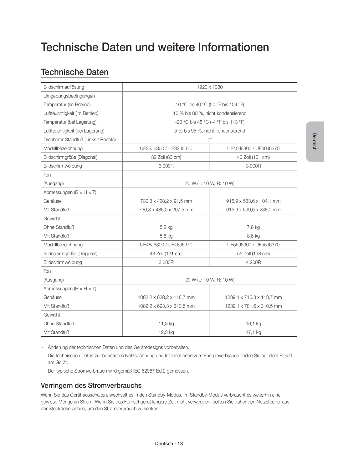 Samsung UE55J6300AWXXH, UE48J6300AWXXH manual Technische Daten und weitere Informationen, Verringern des Stromverbrauchs 