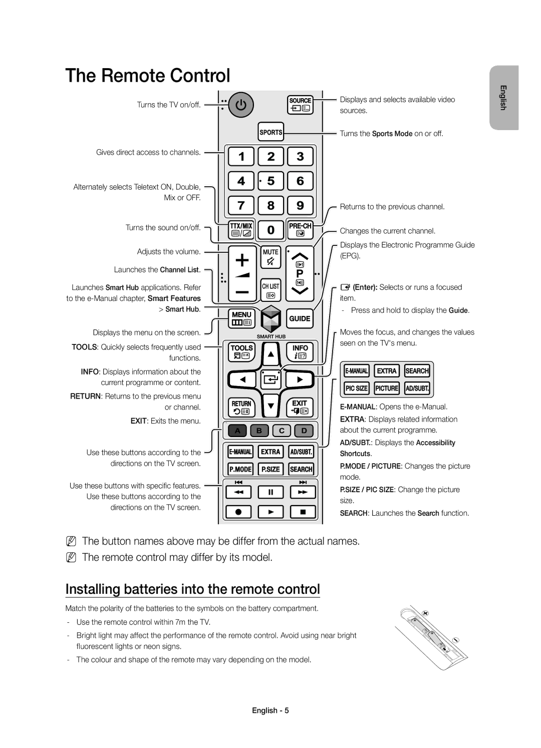 Samsung UE32J6300AWXXH Remote Control, Installing batteries into the remote control, Search Launches the Search function 