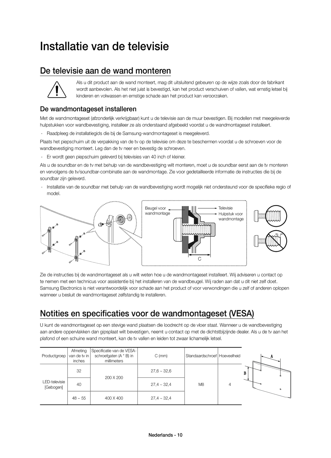 Samsung UE40J6370SUXXN Installatie van de televisie, De televisie aan de wand monteren, De wandmontageset installeren 