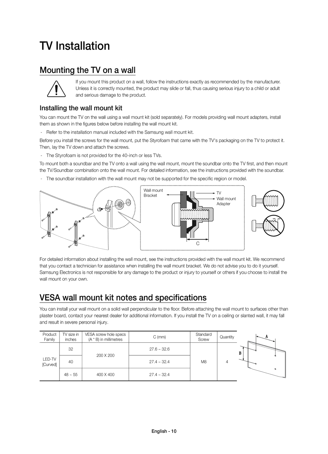 Samsung UE55J6300AWXZF manual TV Installation, Mounting the TV on a wall, Vesa wall mount kit notes and specifications 