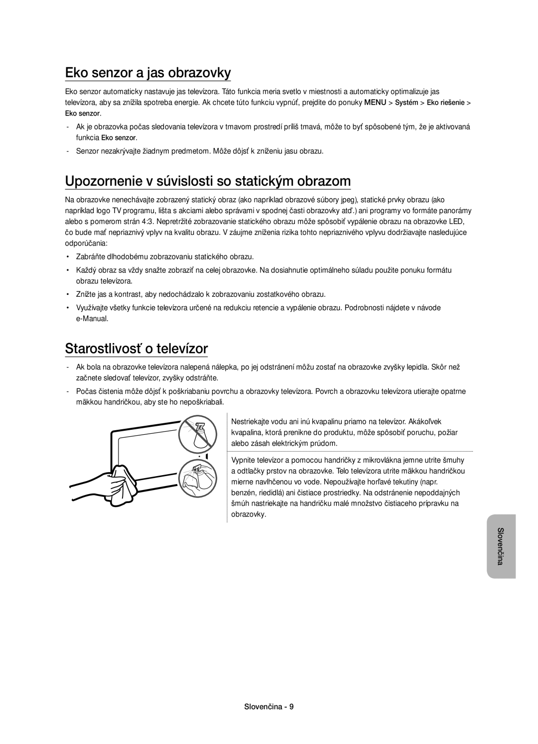 Samsung UE55J6300AWXXN, UE48J6300AWXXH manual Eko senzor a jas obrazovky, Upozornenie v súvislosti so statickým obrazom 