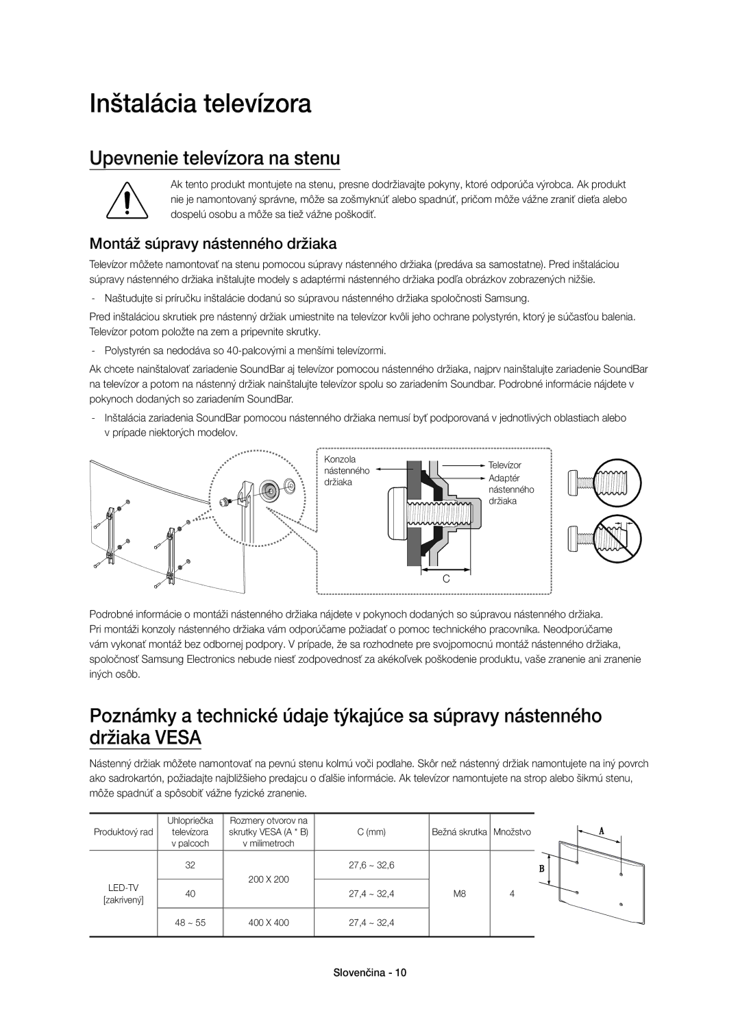 Samsung UE48J6300AWXXN manual Inštalácia televízora, Upevnenie televízora na stenu, Montáž súpravy nástenného držiaka 