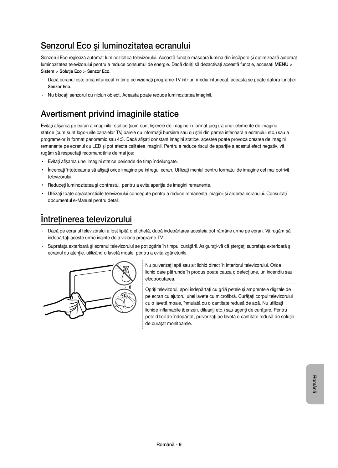 Samsung UE40J6300AWXZF, UE48J6300AWXXH manual Senzorul Eco şi luminozitatea ecranului, Avertisment privind imaginile statice 