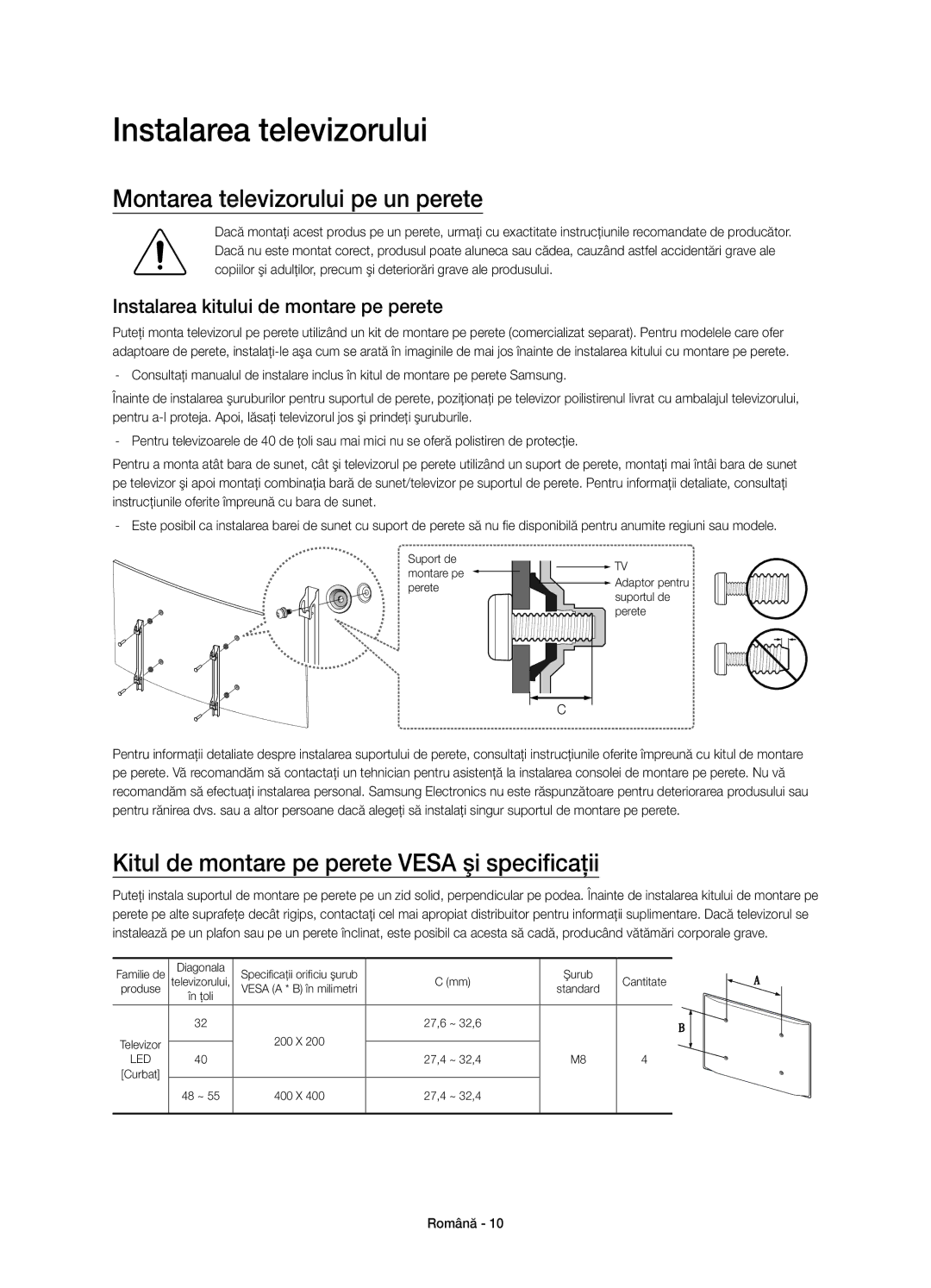 Samsung UE55J6300AWXZF, UE48J6300AWXXH, UE48J6370SUXXH manual Instalarea televizorului, Montarea televizorului pe un perete 