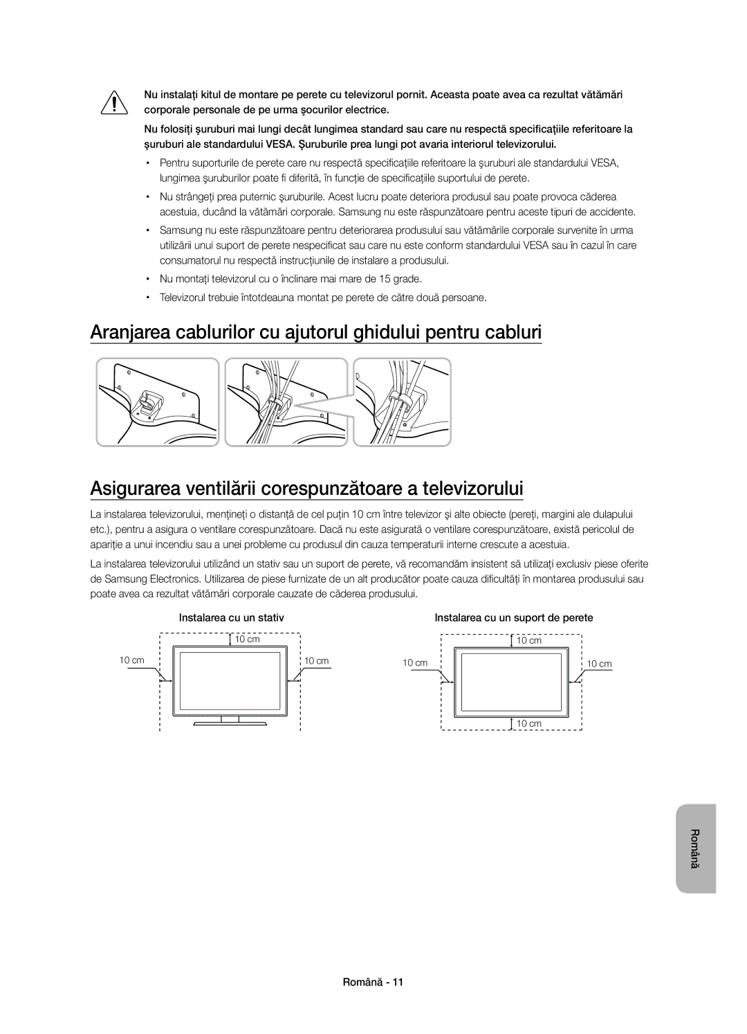 Samsung UE32J6300AWXZF, UE48J6300AWXXH, UE48J6370SUXXH, UE40J6370SUXZG, UE32J6300AWXXH manual Instalarea cu un suport de perete 