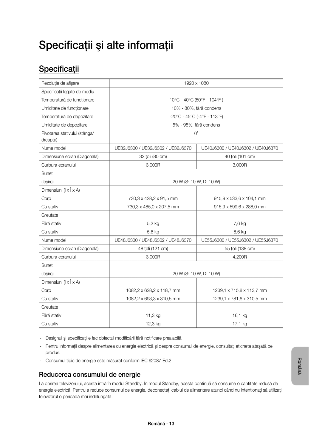 Samsung UE40J6370SUXXC, UE48J6300AWXXH, UE48J6370SUXXH Specificaţii şi alte informaţii, Reducerea consumului de energie 