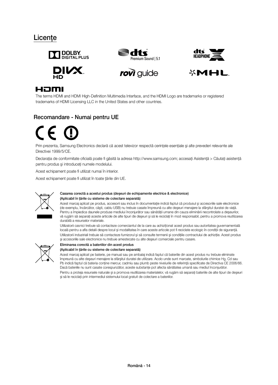 Samsung UE48J6370SUXXC, UE48J6300AWXXH, UE48J6370SUXXH, UE40J6370SUXZG, UE32J6300AWXXH Licenţe, Recomandare Numai pentru UE 