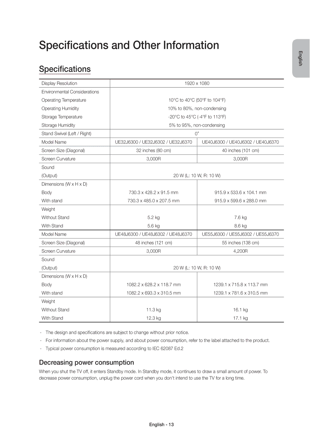 Samsung UE40J6370SUXXC, UE48J6300AWXXH, UE48J6370SUXXH Specifications and Other Information, Decreasing power consumption 