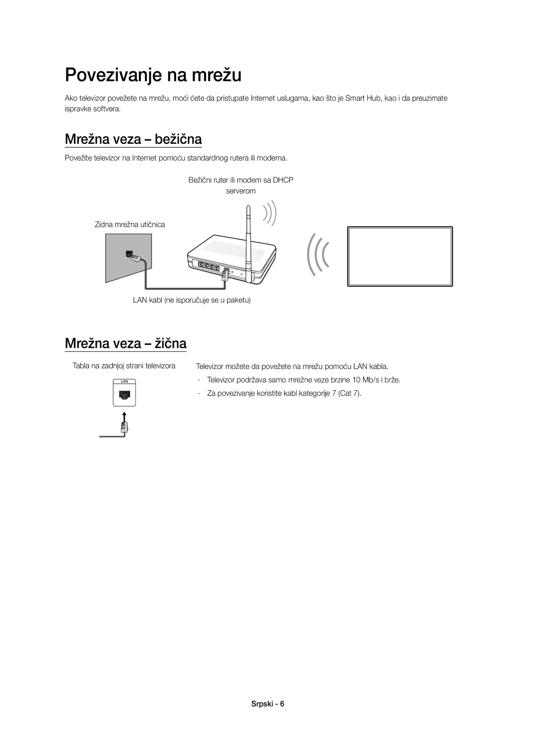 Samsung UE48J6370SUXXN, UE48J6300AWXXH, UE48J6370SUXXH manual Povezivanje na mrežu, Mrežna veza bežična, Mrežna veza žična 