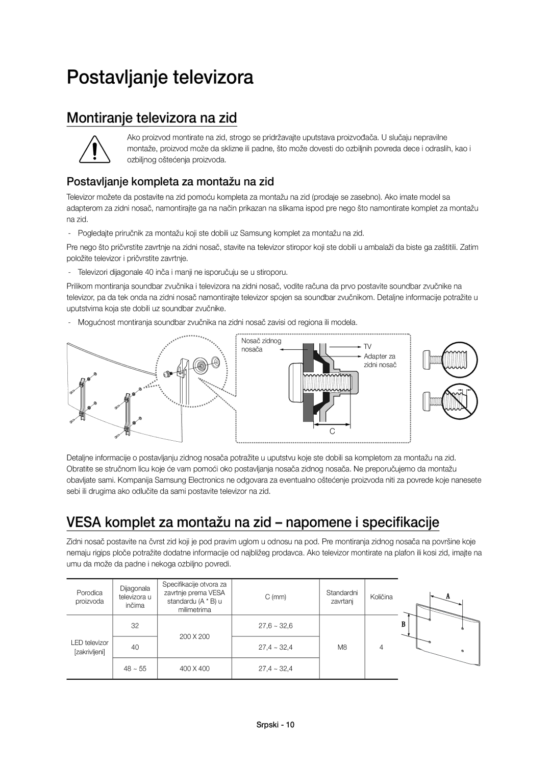 Samsung UE48J6300AWXXN manual Montiranje televizora na zid, Vesa komplet za montažu na zid napomene i specifikacije 