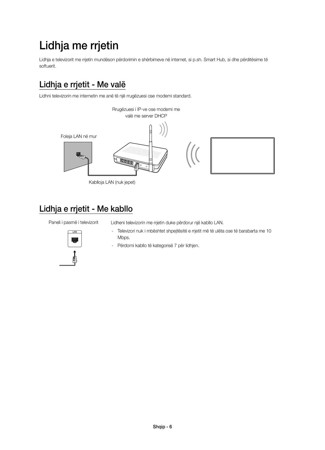 Samsung UE55J6300AWXXH, UE48J6300AWXXH manual Lidhja me rrjetin, Lidhja e rrjetit Me valë, Lidhja e rrjetit Me kabllo 