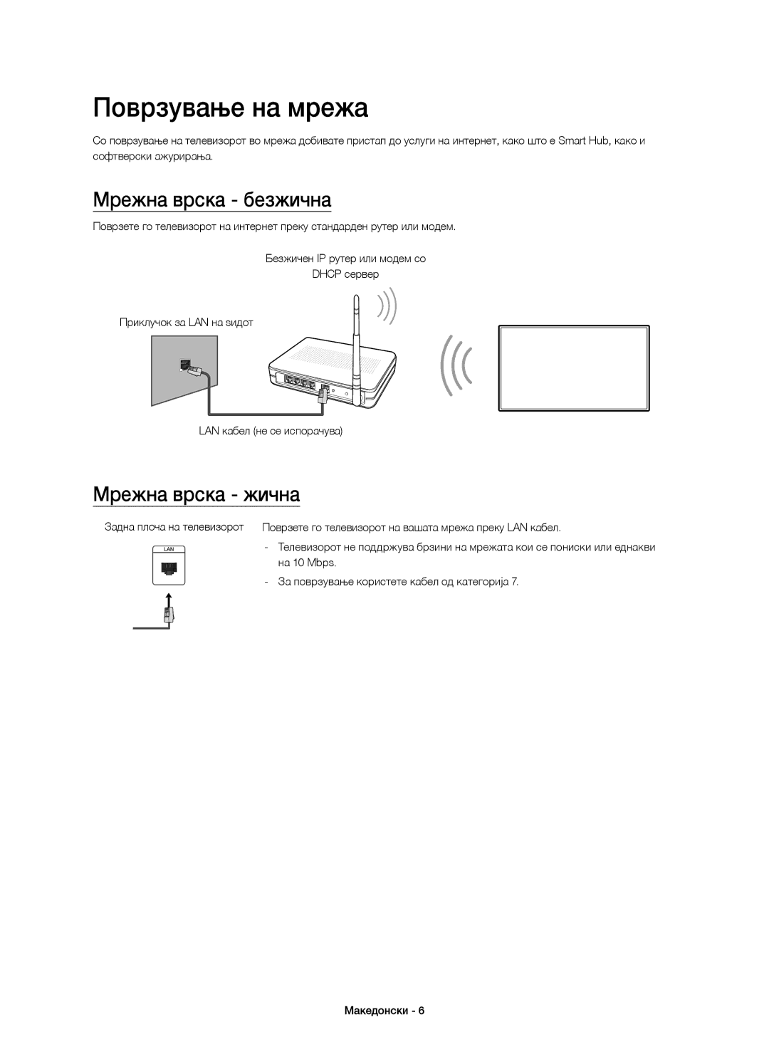 Samsung UE48J6370SUXXN, UE48J6300AWXXH, UE48J6370SUXXH manual Поврзување на мрежа, Мрежна врска безжична, Мрежна врска жична 