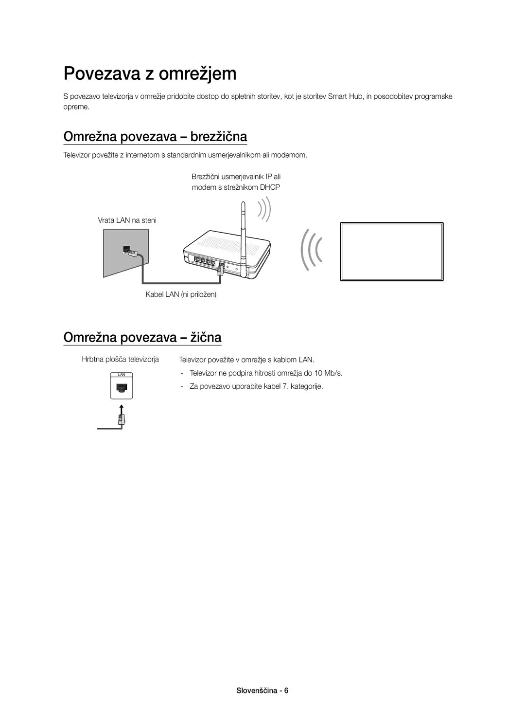 Samsung UE55J6300AWXXH, UE48J6300AWXXH manual Povezava z omrežjem, Omrežna povezava brezžična, Omrežna povezava žična 